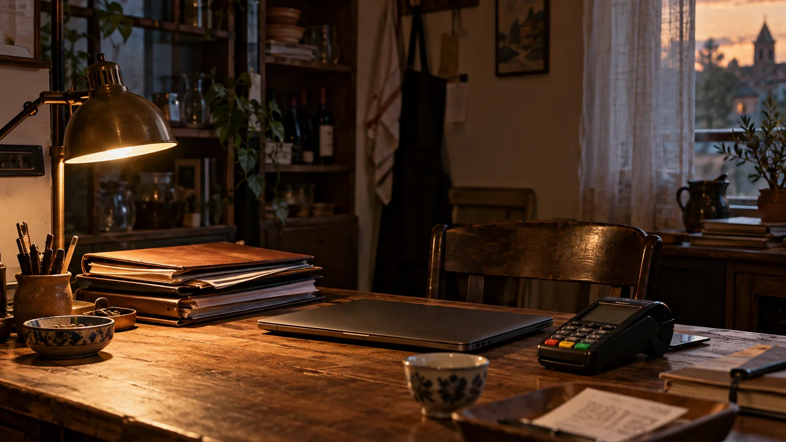 A restaurant owner sits at a small desk in a back office after service, a laptop closed beside a stack of folders and a card terminal, warm lamp light.