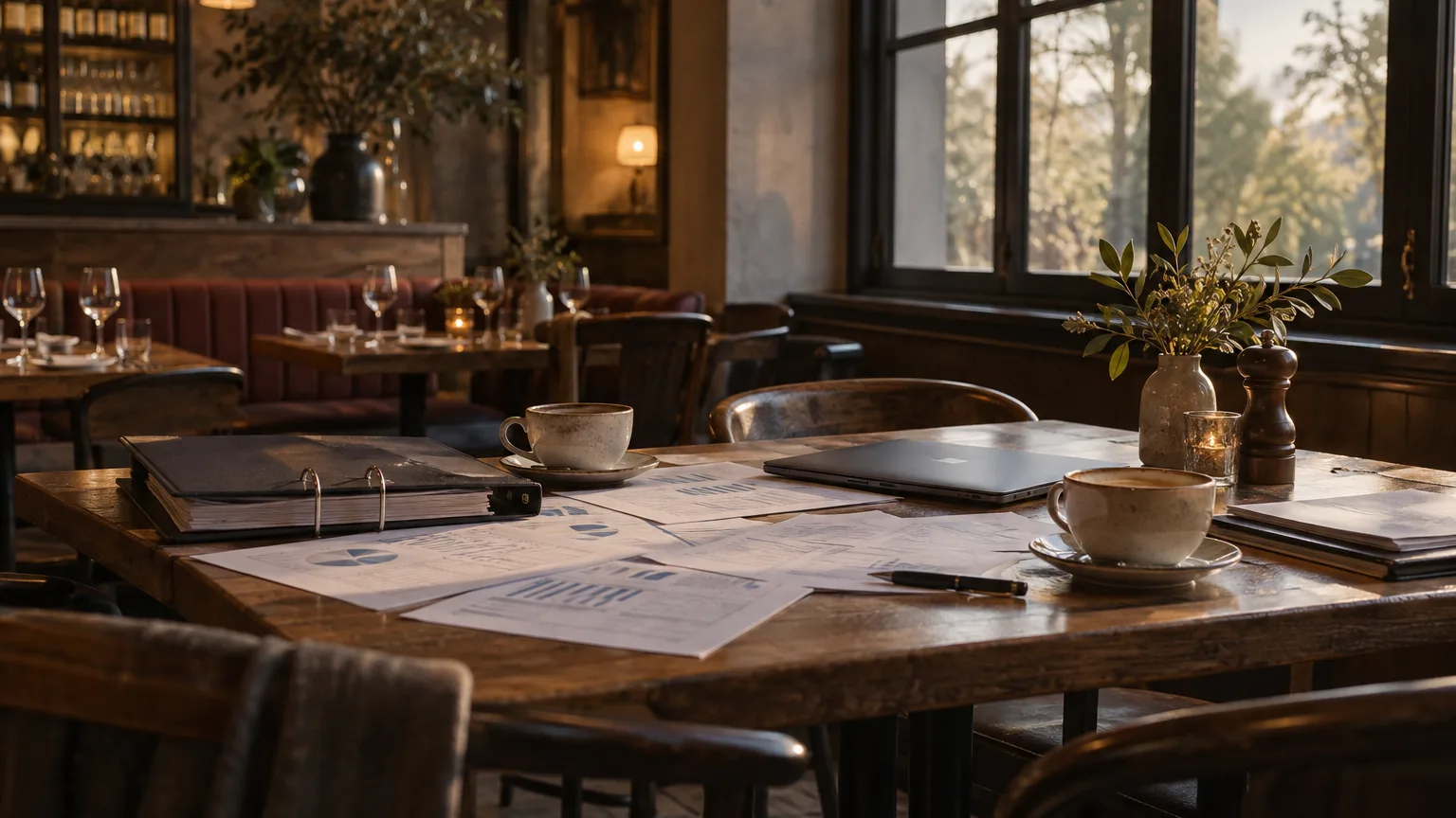 An owner and an accountant sit at a corner table of an empty restaurant before opening, printed spreadsheets and a closed laptop between them, two coffee cups to one side.