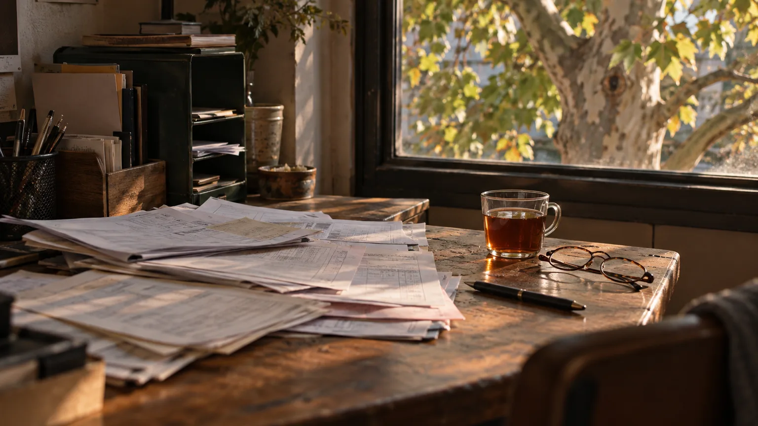 A loose stack of paper supplier invoices and delivery notes on a small wooden desk in the back office of a cafe, beside a pen, reading glasses, and a glass of tea in afternoon window light.
