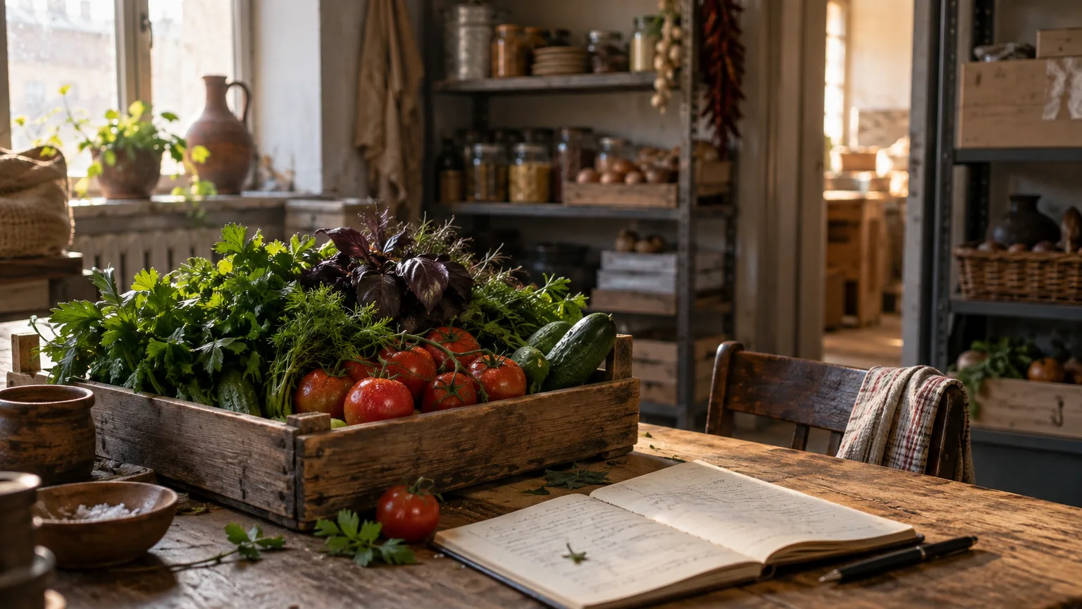 A small restaurant back office in the early morning, with a notebook, a pen and a crate of fresh vegetables on a wooden table, waiting to be put away.