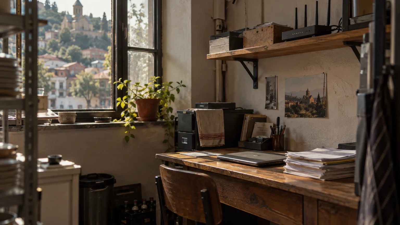 A small back office in a Tbilisi restaurant with a closed laptop, a stack of supplier delivery papers and a network router on a wooden shelf, in soft window light.
