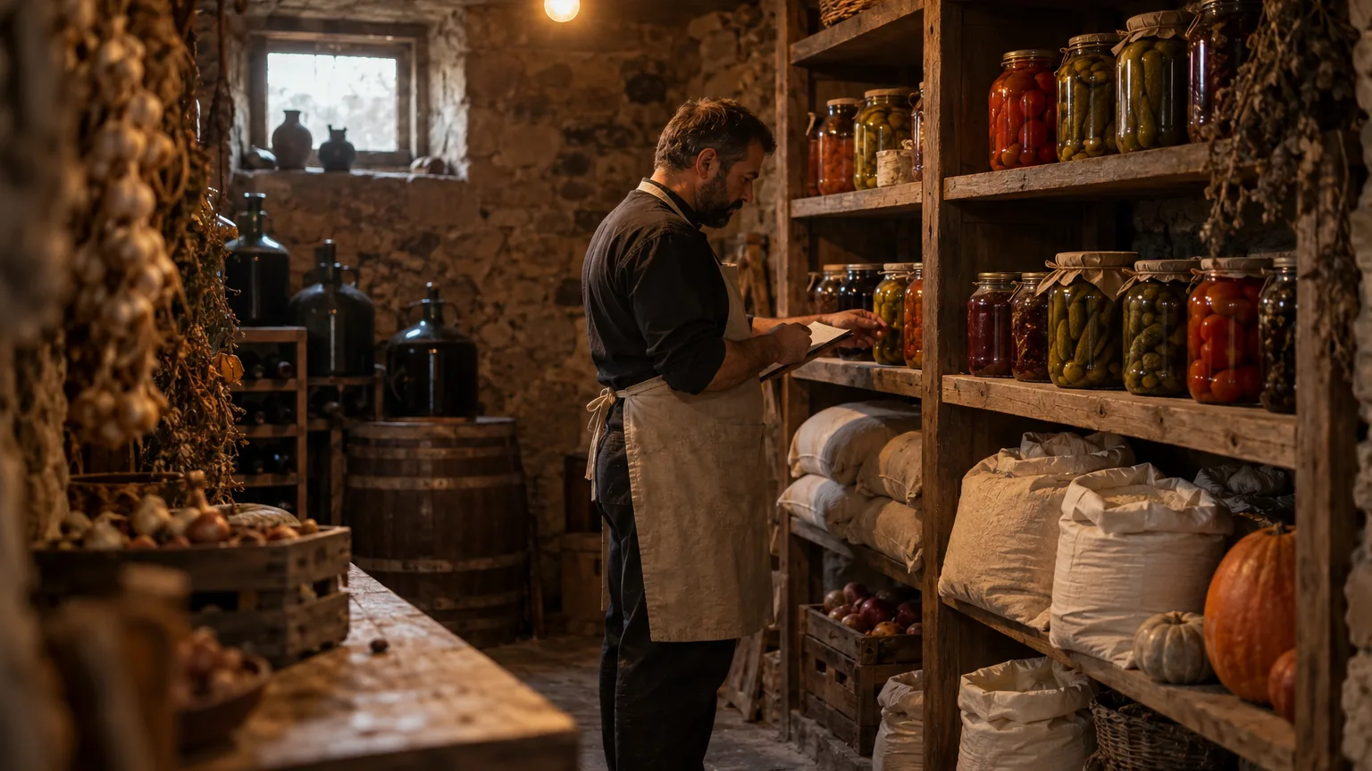 A cook in an apron counting jars and sacks on a stone cellar shelf of a Georgian restaurant, lit by a single bulb and the light from a small window.