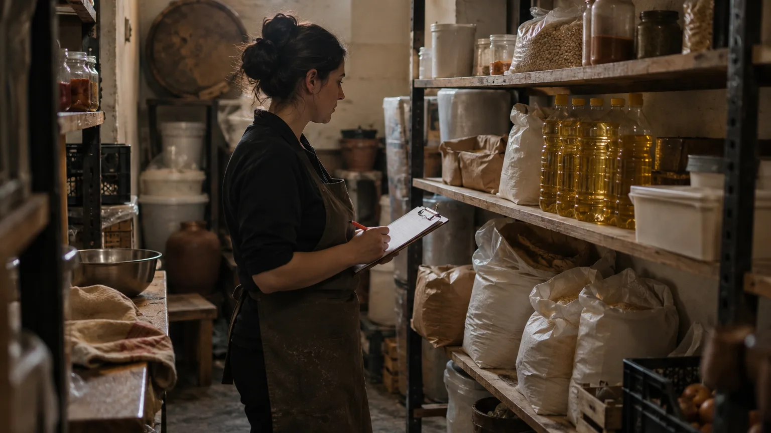 A restaurant manager stands in a narrow dry store with a clipboard, looking at a half-empty shelf of flour sacks and bottles of sunflower oil.