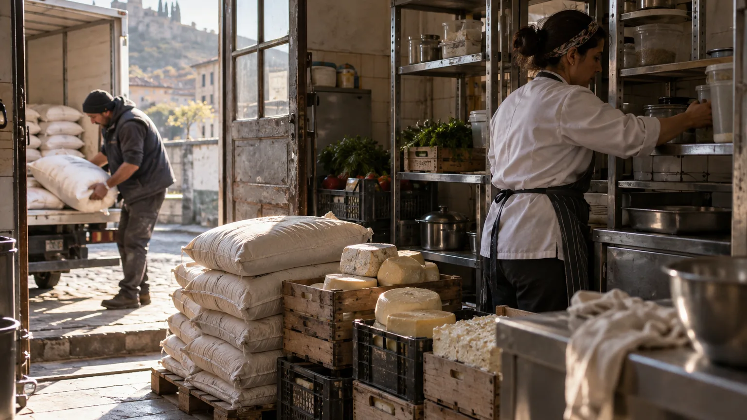 An early delivery at the back door of a Georgian restaurant: sacks of flour and crates of cheese stacked beside half-empty steel shelves, with a cook checking the shelf in morning light.