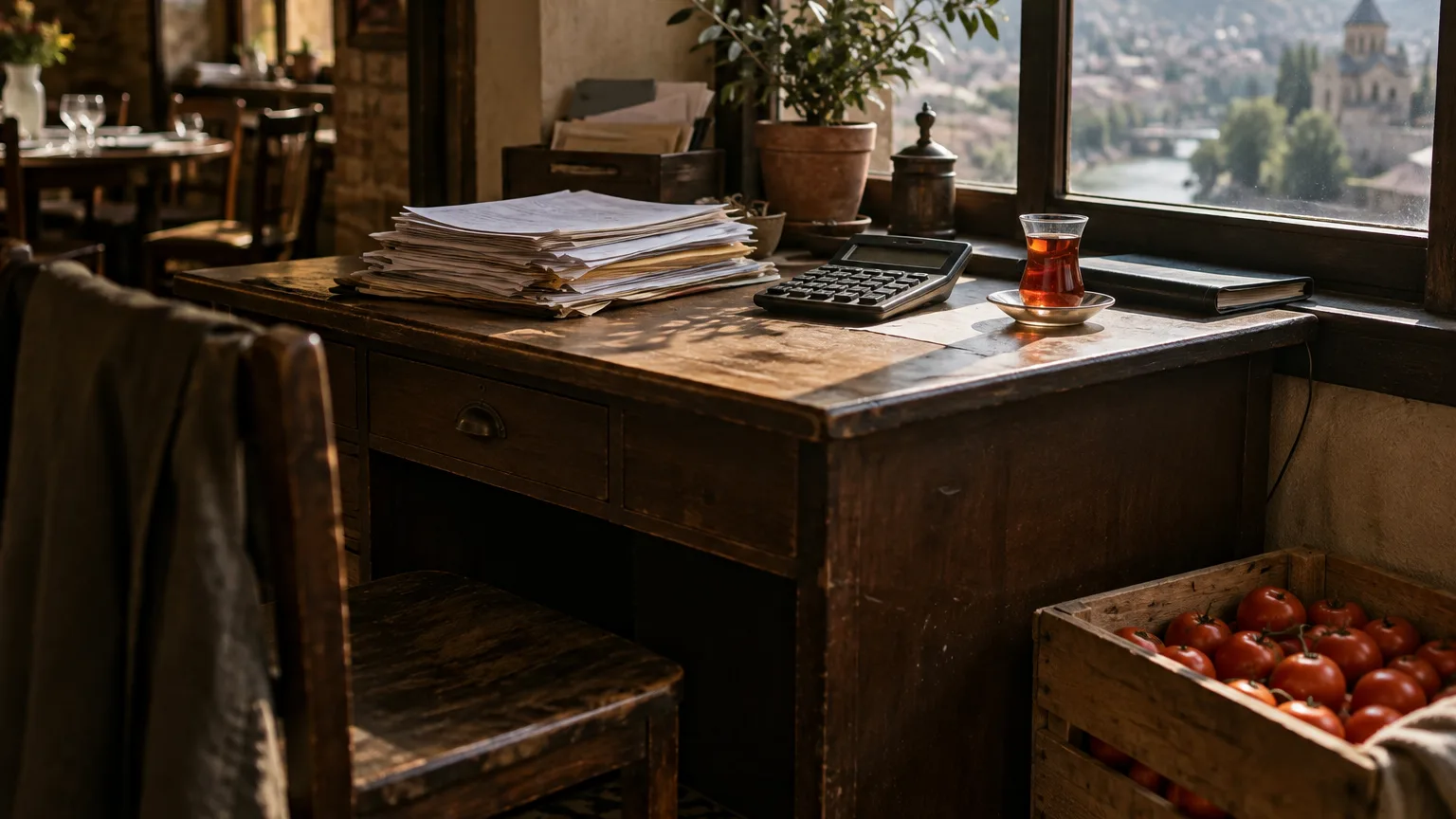 A manager's desk by a window in a Georgian restaurant, with a stack of supplier waybills, a calculator and a glass of tea, and a crate of tomatoes on the floor beside it.