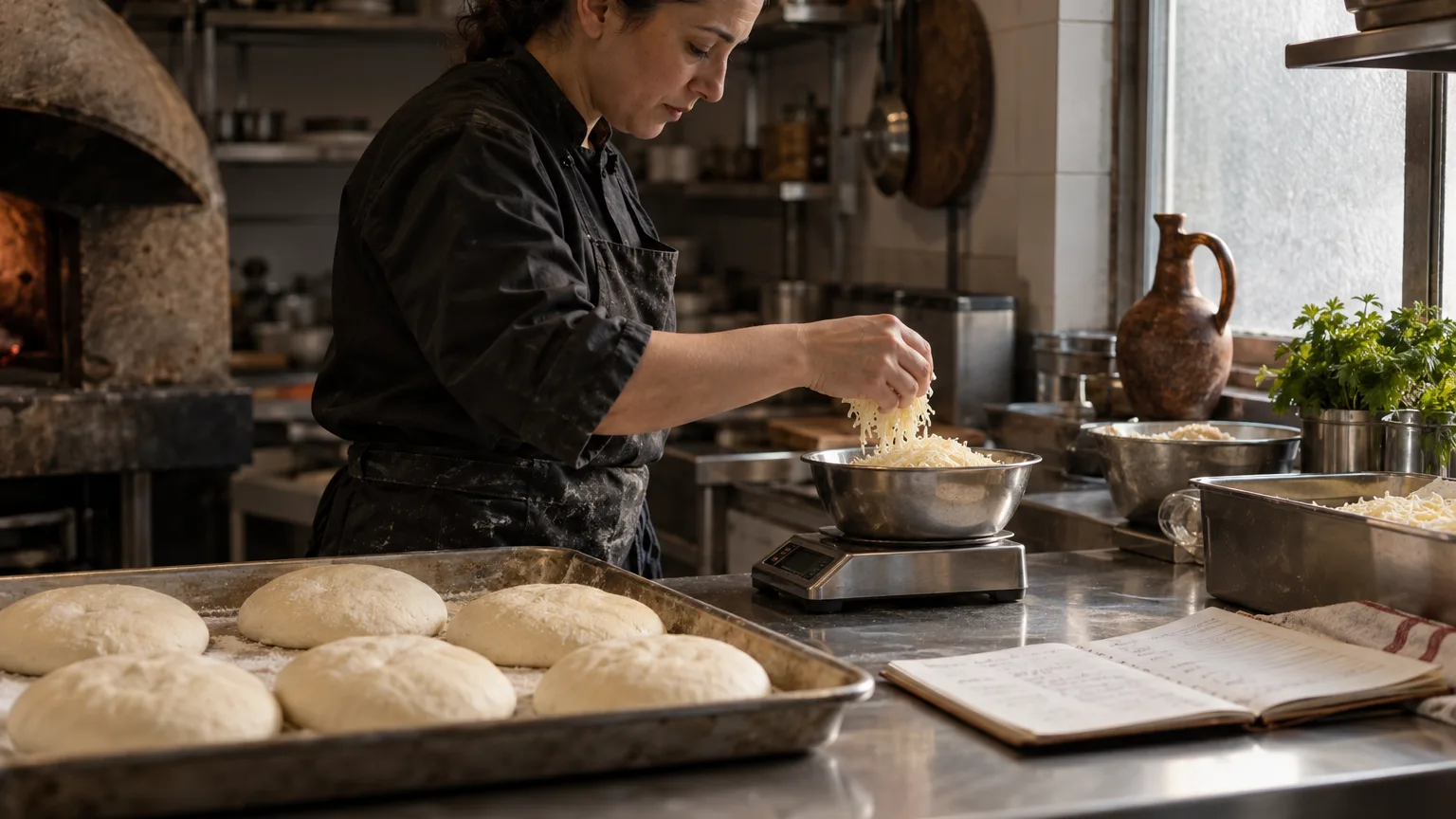 A chef weighs grated cheese on a small kitchen scale beside a tray of shaped khachapuri dough, a notebook of handwritten quantities open on the steel counter.