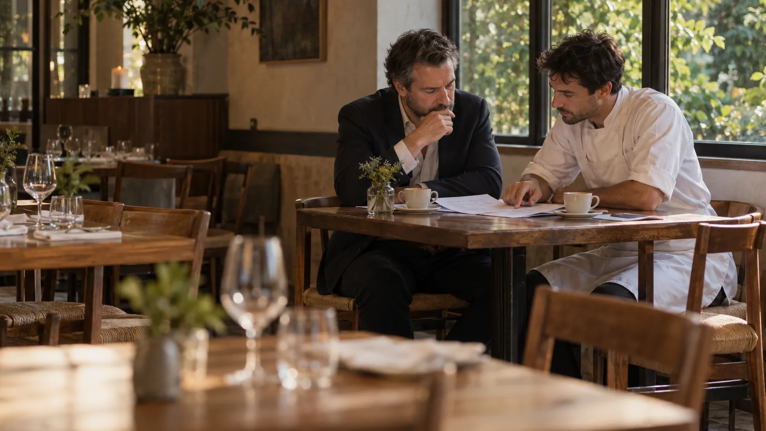 An owner and a chef sit at a corner table of an empty restaurant in the afternoon, a printed report and two cups of coffee between them, soft window light.
