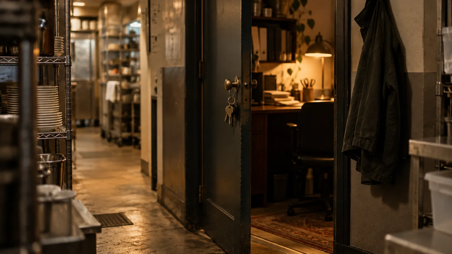 A manager's office door stands half open at the back of a restaurant, a ring of keys hanging from the lock, a coat on a hook and a desk lamp glowing inside.