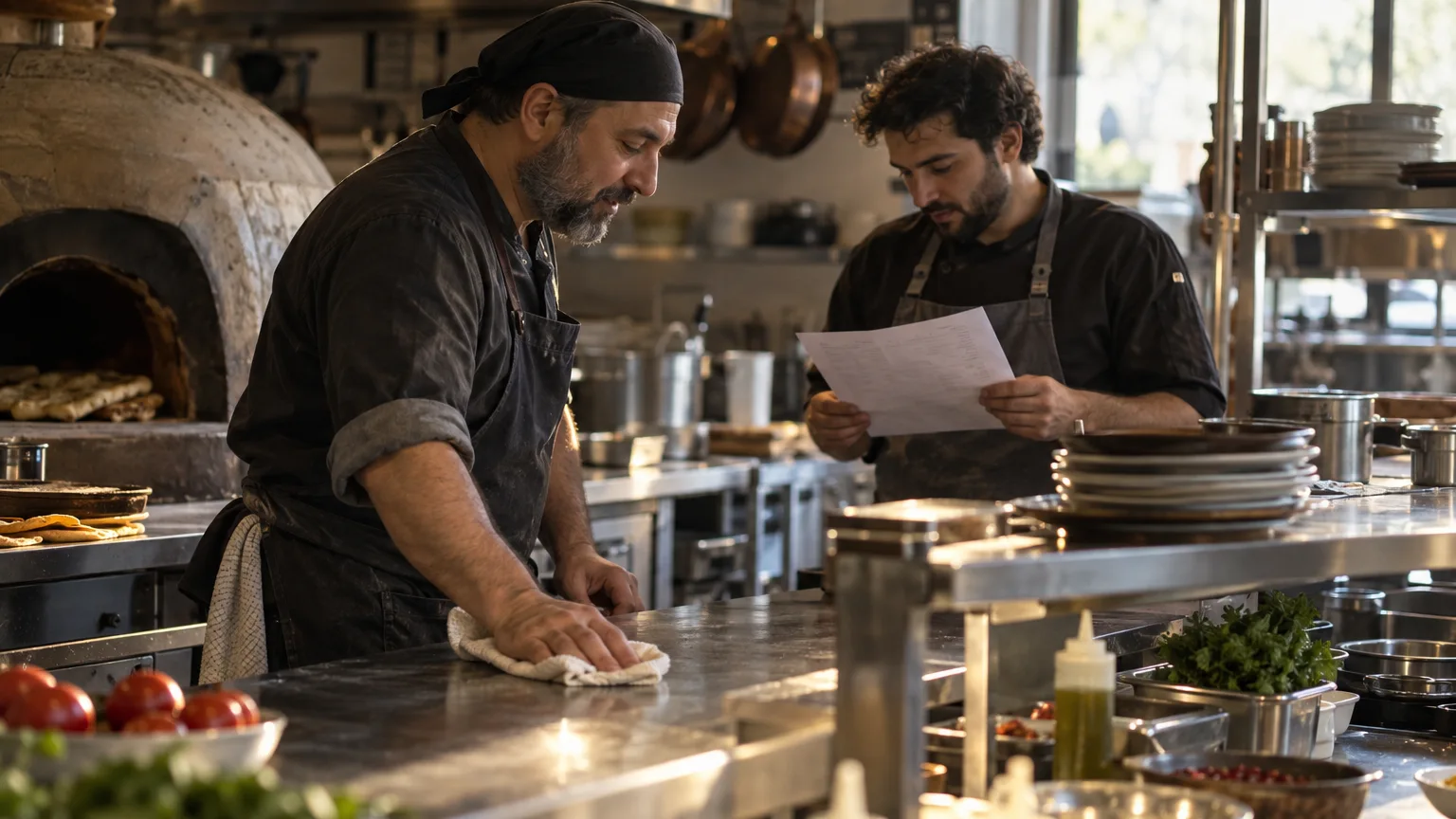 Two cooks talking quietly at the pass of a restaurant kitchen during the afternoon lull, one wiping down the steel counter while the other looks over the prep list.