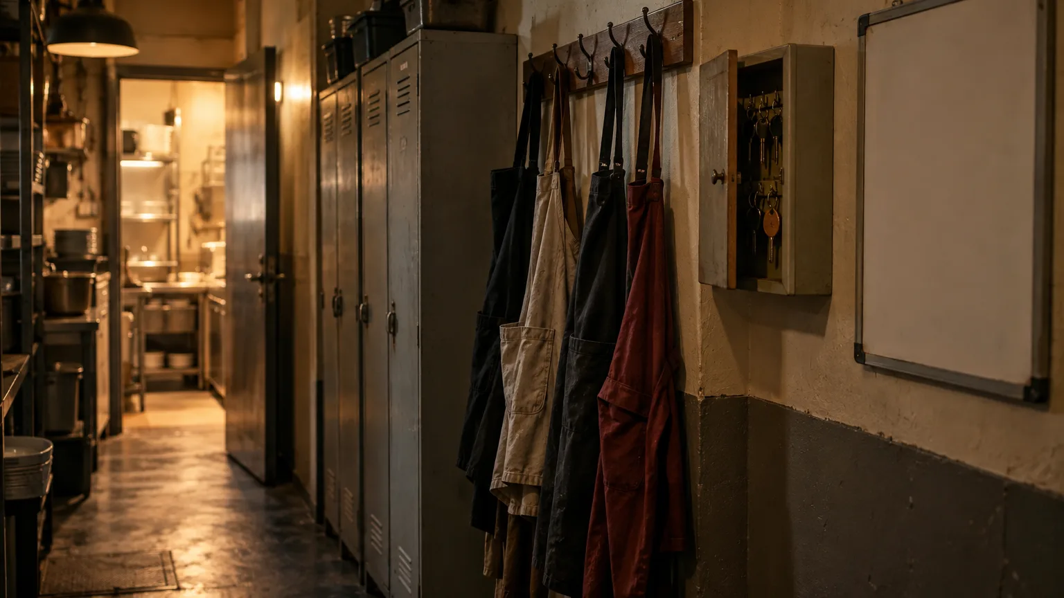 Aprons hanging on hooks beside a row of staff lockers in the back corridor of a restaurant, with a small wall-mounted key cabinet and a blank shift board in soft window light.