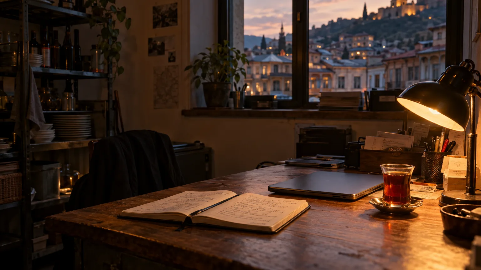A restaurant manager's desk after service, with a notebook of handwritten times, a closed laptop and a cup of tea under a desk lamp.