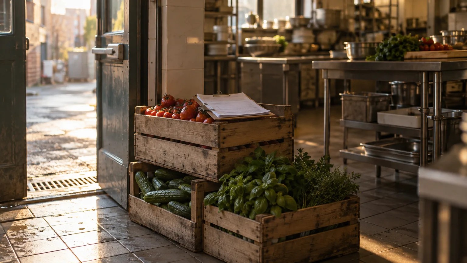 Wooden crates of tomatoes, cucumbers, and fresh herbs stacked inside the back door of a restaurant kitchen in early morning light, with a clipboard resting on the top crate.