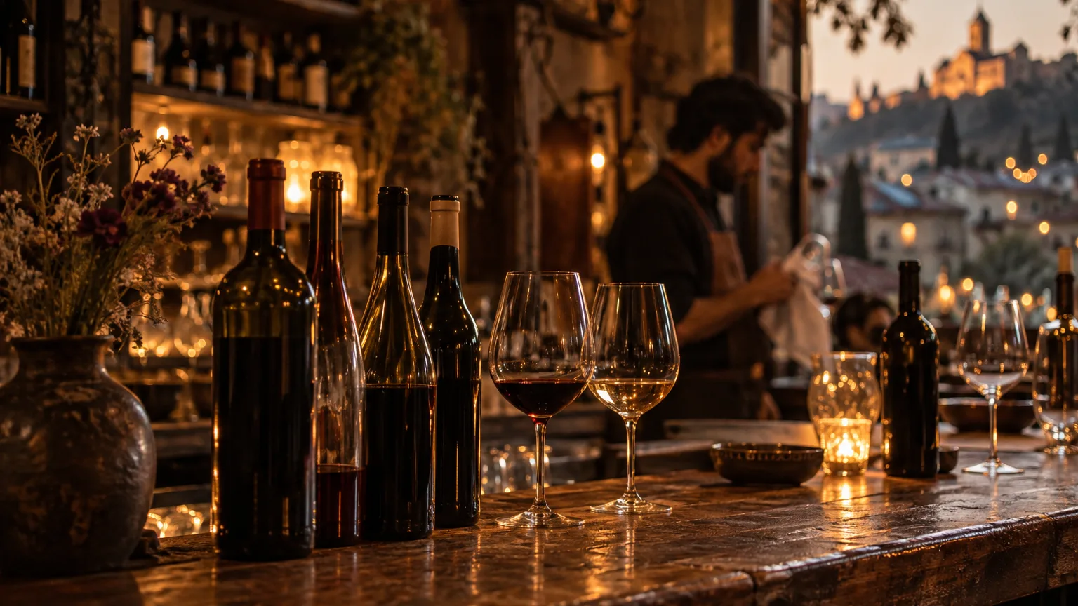 Wine bottles and stemmed glasses on a wooden bar counter in a dim Tbilisi wine bar in the early evening, with a bartender out of focus polishing a glass.