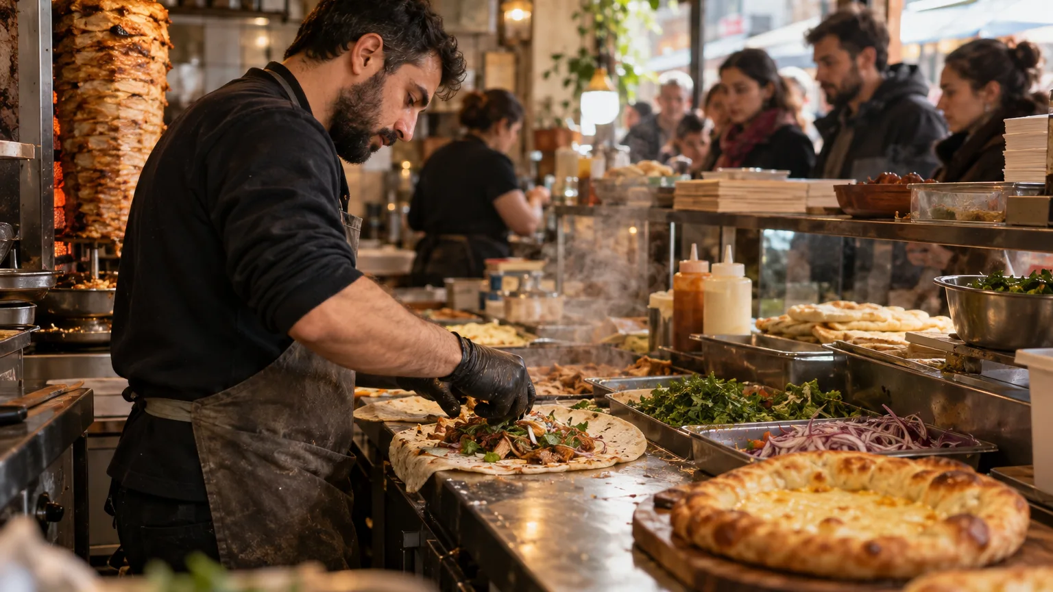 A cook assembling wraps at a stainless steel counter of a small quick-service restaurant in Tbilisi during the lunch rush, with customers waiting out of focus in the background.
