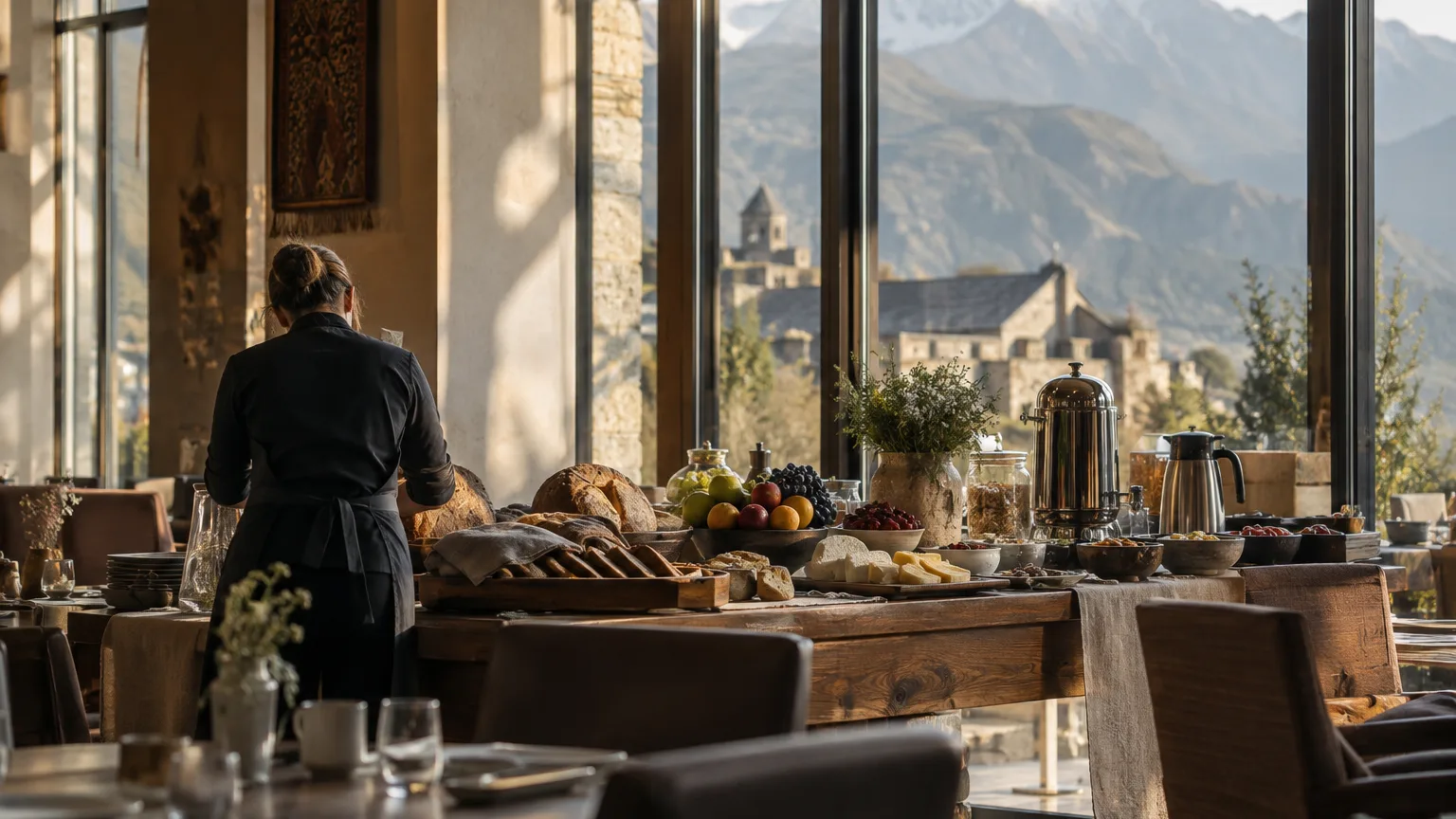 A staff member setting out a breakfast buffet in a quiet hotel restaurant in the early morning, with soft window light and mountains visible outside.